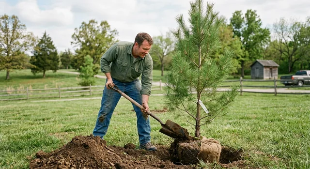 Planting a young balled-and-burlapped tree with a shovel, prepping for fall planting in Mid-Missouri