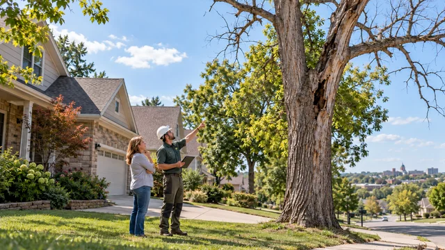 Arborist pointing out a cracked, partly dead tree to a homeowner on a residential street
