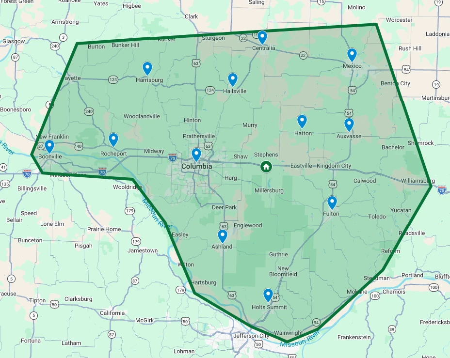 Tree Wizard service area map — Columbia, Boone County, Callaway County and surrounding Central Missouri